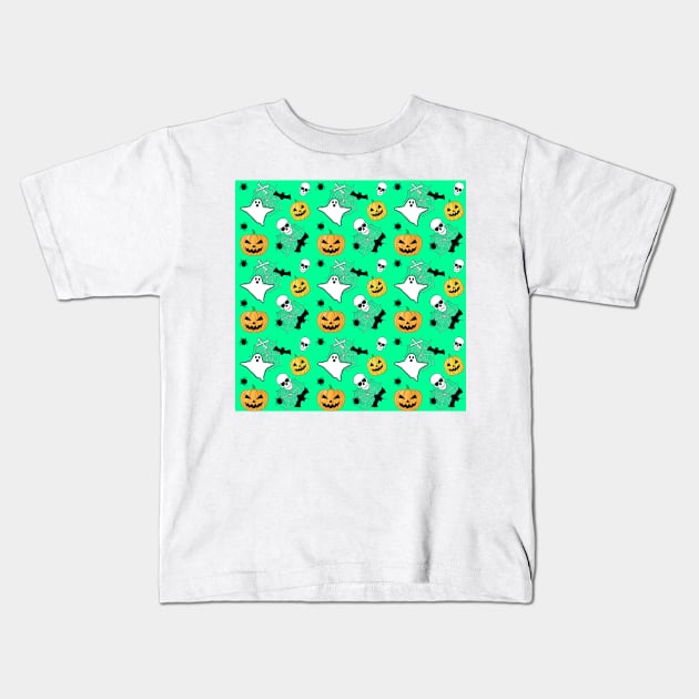 Spooky Halloween Pattern on Aqua Green Background Kids T-Shirt by DesignWood Atelier